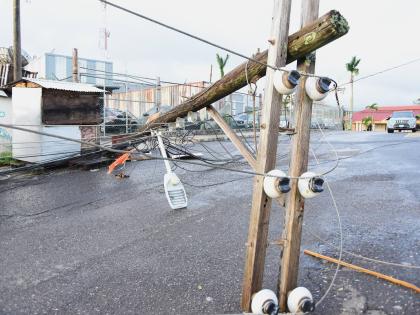 A JPS electricity pole on Nashville Avenue in Mandeville, Manchester, which snapped and fell during the passage of Hurricane Melissa.
