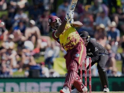 Romario Shepherd on the go during his innings of 49 off 34 balls against New Zealand in the third T20I yesterday.