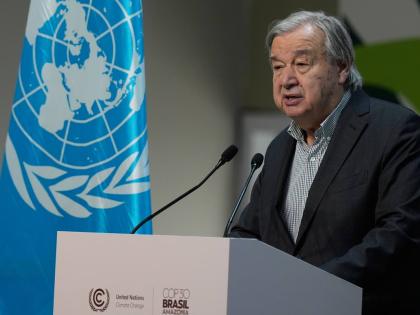 UN Secretary-General Antonio Guterres speaks during a news conference at the COP30 UN Climate Summit, Thursday, November 20, 2025, in Belem, Brazil. (AP Photo/Fernando Llano)