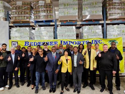 Thumbs up! Front row: Carlos Maharaj, treasurer of United Trinbago West Indian Association (UNI-TnT), Councillor Michael Thompson, Mayor Olivia Chow, and Councillor Neethan Shan with representatives of the Jamaican Canadian Association, Consulate General o