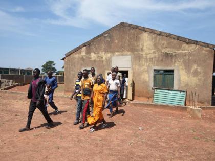 People who were kidnapped during a church service in November 2024 leave after a church meeting in Kaduna, northwestern Nigeria.
