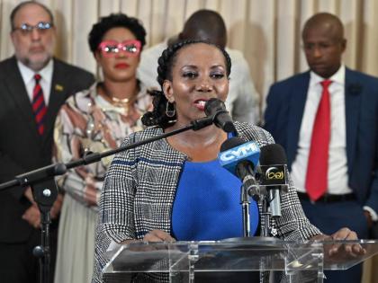 Member of Parliament for Hanover Western Heather Miller-Bennett Westmoreland speaking at a People’s National Party press conference on November 25, 2025.