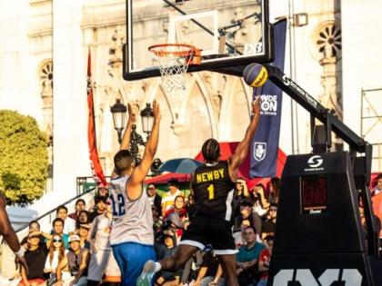 Jamaica’s Jabulani Newby (right) goes up for this lay-up in their match against the Dominican Republic at the FIBA 3x3 AmeriCup over the weekend. 