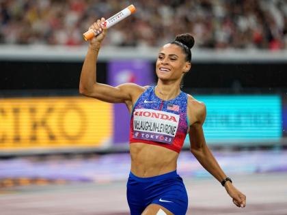 Sydney McLaughlin-Levrone crosses the finish line to win the women’s 4X400-metre relay at the World Athletics Championships in Tokyo on September 21.