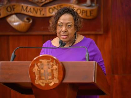 Culture, Gender, Entertainment and Sport Minister, Olivia Grange, addressing a post-Cabinet press briefing at Jamaica House on December 3, 2025.
