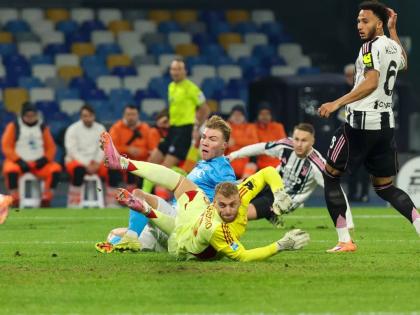  Napoli’s Rasmus Hojlund (centre)  scores the opening goal during the Serie A  match between Napoli and Juventus in Naples, Italy, yesterday.