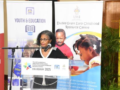 Professor Loraine Cook, education psychologist at the School of Education at The University of the West Indies (UWI), Mona, presenting part of the first keynote address at the JN Foundation and UWI School of Education Dudley Grant Early Childhood Resource 