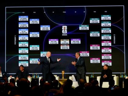 From left: Alexi Lalas and Ronaldo listen as FIFA President Gianni Infantino and host Andrés Cantor applaud as Francesco Totti, and Hristo Stoichkov look on during the match schedule reveal for the 2026 football World Cup in Washington on December 6, 2025
