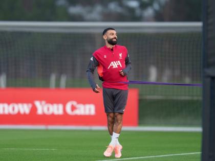 Liverpool's Mohamed Salah smiles as he takes part in a training session in Liverpool, England on December 8, 2025. 