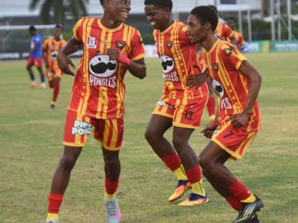 Cornwall College players celebrate after scoring a goal  during their Group One match in the second round of the ISSA daCosta Cup at Montego Bay Sports Complex on Saturday, October 11, 2025.