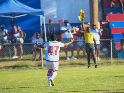 Matthew McKoy/Photographer 
Portmore United’s Tarick Ximines questions a referee’s decision to signal offside during a Jamaica Premier League against Arnett Gardens at Ferdi Neita Park on December 7.