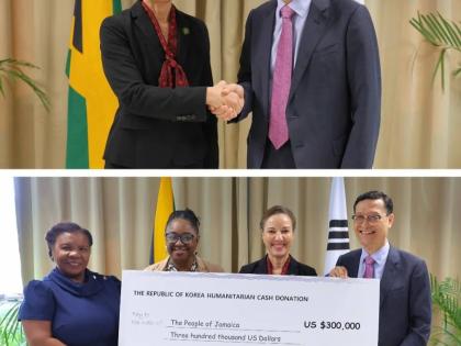 Minister of Foreign Affairs and Foreign Trade Kamina Johnson Smith receives a humanitarian donation from Kim Jin-wook, chargé d’affaires of the Embassy of the Republic of Korea, during a handover ceremony in Kingston on December 17, 2025.