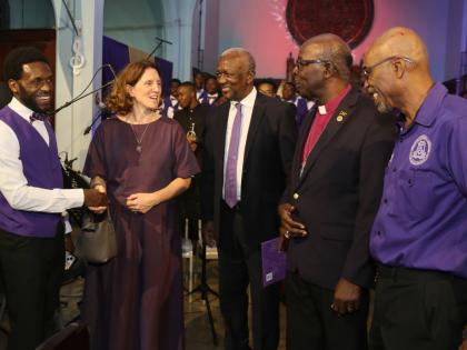 From left: Lloyd McEwan Jnr., chairman of the Choir Committee; French Ambassador to Jamaica Marianne Ziss; Michael Vaccianna; Reverend Leon Golding; and Professor Patrick Dallas at Kingston College Chapel Choir’s Tidings of Comfort and Joy Christmas conc