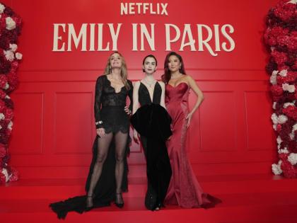 Actresses (from left) Philippine Leroy-Beaulieu, Lily Collins, and Ashley Park pose at the world premiere of the Netflix series ‘Emily in Paris’ season 5, in Paris, France.