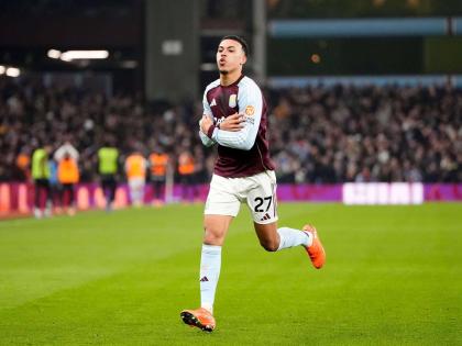 Aston Villa’s Morgan Rogers celebrates after scoring his side’s second goal of the game during the English Premier League match against Manchester United, in Birmingham, England, on Sunday. Villa won 2-1.