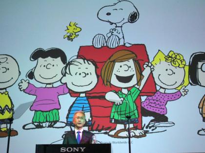 AP
Sony Corp President Kenichiro Yoshida speaks as characters from ‘Peanuts’ are shown at a press conference at the company’s headquarters in 2018 in Tokyo. 