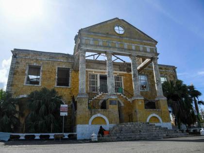This photo shows a roofless Trelawny Municipal Corporation building in Falmouth, blown by Hurricane Melissa.