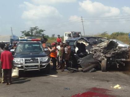 In this photo provided by the Federal Road Safety Corps, people gather at the accident scene of British boxer Anthony Joshua in Lagos, Nigeria, on Monday, December 29, 2025. (Federal Road Safety Corps via AP)