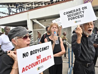 Dr Carolyn Gomes (left), former executive director of Jamaicans for Justice (JFJ), and JFJ chairman Horace Levy at the JFJ End Police Violence Peaceful Protest at Half Way Tree Transport Centre in April 2025.