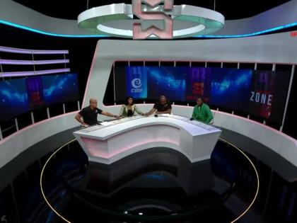 
The SportsMax set on its final day of operation. Pictured are from left: Lance Whittaker, Mariah Ramharack, the late Donald Oliver, and Ricardo Chambers. 