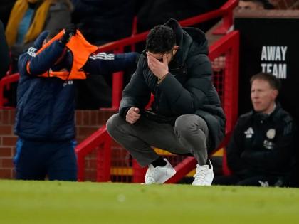 Manchester United’s head coach Ruben Amorim reacts after Leicester’s Bobby Decordova-Reid scored the opening goal during the English FA Cup fourth-round match at the Old Trafford in Manchester, England, on February 7, 2025. 