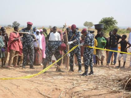 Nigeria police, Anti-Bomb squad, secure the scene of a US airstrike in Northwest, Jabo, Nigeria, Friday, December 26, 2025. 