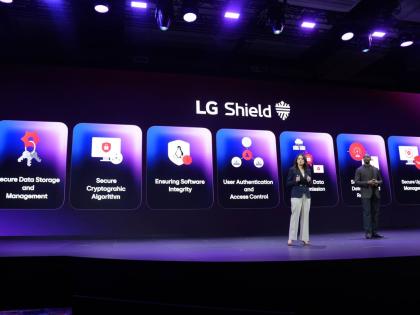 Angela Gozenput of home appliances and solution marketing and Aaron Westbrook of media entertainment and solution marketing, talk during an LG Electronics news conference ahead of the CES tech show Monday, January 2026, in Las Vegas. (AP Photo)