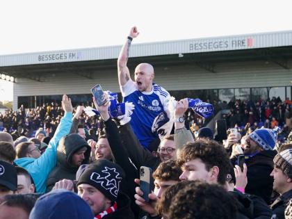 Macclesfield Town's Josh Kay celebrates with fans following the FA Cup third round football match between Macclesfield Town and Crystal Palace, at the Leasing.com Stadium, Macclesfield, England on January 10, 2026. 