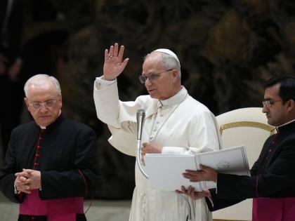 Pope Leo XIV holds his weekly general audience in the Paul VI Hall at the Vatican, Wednesday, January 7, 2026.