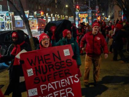Nurses strike outside Mount Sinai West Hospital, Monday, January 12, 2026, in New York. (AP Photo/Yuki Iwamura)