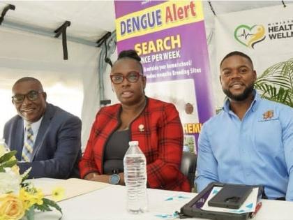 Mayor of Montego Bay, Councillor Richard Vernon (right), along with St James Health Department Parish Manager, Lennox Wallace; and Medical Officer of Health, Dr Tanique Bailey-Small, participate in the recent St James Health Department Vector Control Progr