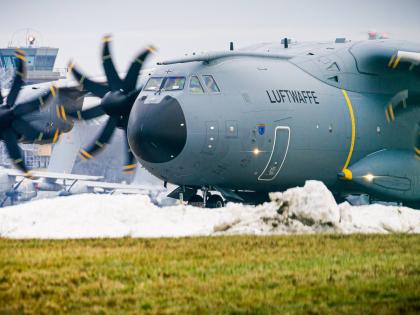 An Airbus A400M transport aircraft of the German Air Force taxis over the grounds at Wunstorf Air Base in the Hanover region, Germany, Thursday, as troops from NATO countries, including France and Germany, are arriving in Greenland to boost security. 