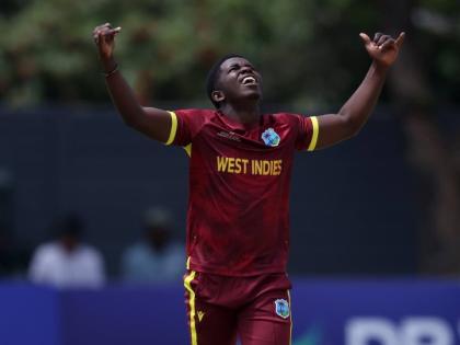 West Indies Under-19 bowler Vitel Lawes celebrates a wicket.