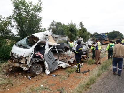 Police inspects the scene of a collision between a truck and a minibus carrying school children in Vanderbijlpark, South of Johannesburg, South Africa, Monday, January 19, 2026. (AP Photo)