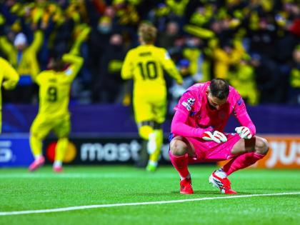 Manchester City goalkeeper Gianluigi Donnarumma looks dejected after letting in a goal during a Champions League football match against Bodo/Glimt in Bodo, Norway, yesterday.