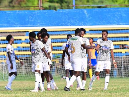 
Cavalier’s Christopher Ainsworth (right) celebrates with teammates during a Jamaica Premier League (JPL) fixture against Harbour View at The Compound on December 28, 2025. 