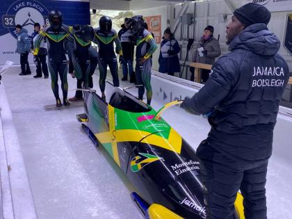 Members of the Jamaica four-man bobsled team ahead of action at the North American Cup.