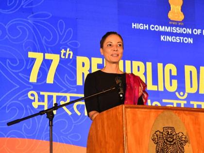 Senator Kamina Johnson Smith, minister of foreign affairs and foreign trade, addressing Monday night’s 77th Republic Day reception at India House in St Andrew.