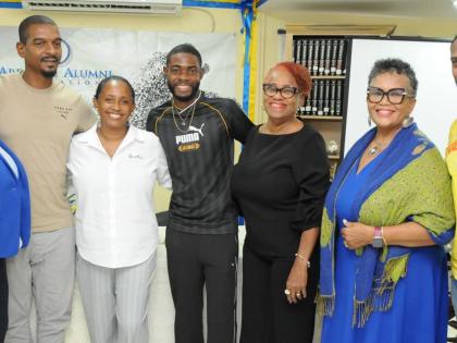 It was all smiles at the launch of the third  Ardenne Optima 5K at the school recently. From left:  Sian Wilson , principal of Calabar High; Maurice Smith, Olympian; Chanice Wilson, executive director of Barita Foundation; Christopher Taylor , Olympian; Fl