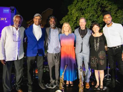 From left: Herbie Miller, director and curator, Jamaica Music Museum (JaMM); Dr Orville Hammond, Jamaican pianist and composer; Leon ‘Mandela’ Duncan; Dr Erja Askola, EU ambassador to Jamaica; European saxophonist, composer and arranger Pekka Pylkkäne