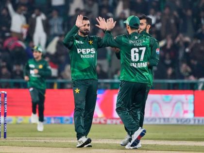Pakistan’s Abrar Ahmed (left)  celebrates with teammates after the dismissal of Australia’s Cooper Connolly during the first T20 cricket match between Pakistan and Australia, in Lahore, Pakistan, Thursday, January 29, 2026.