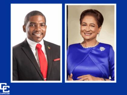 Terrance Drew, Prime Minister of St. Kitts and Nevis and current Chair of CARICOM; and Kamla Persad-Bissessar, Prime Minister of Trinidad and Tobago.