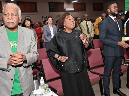 Pastor Al Miller (left) and Olivia Grange, (second left) Minister of Culture, Gender, Entertainment and Sport at praise and worship while Councillor Richard Vernon, (second right) Mayor of Montego Bay, and Duane Smith, (right) MP for St Andrew North Wester