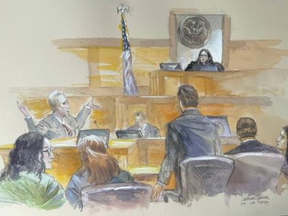 This courtroom sketch shows Ryan Routh, left, throwing his arms up directed at US District Judge Aileen Cannon in frustration as jury selection begins in the trial of Routh, who is charged with attempting to assassinate Donald Trump last year at a golf cou