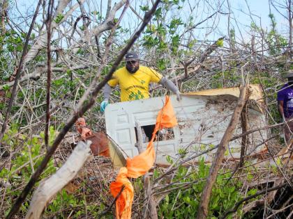 Here, Kamal Thompson, forest technician at the Forestry Department, removes a door  that was displaced during Hurricane Melissa in October 2025 from a section of the mangrove forest in Parottee, St Elizabeth.