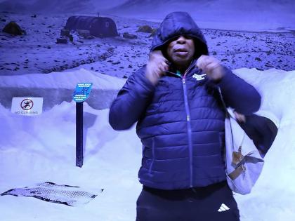 Award-winning travel writer Dave Rodney at the International Antarctic Centre just after experiencing a simulated ice storm.