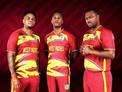 From left: Shimron Hetmyer, Akeal Hosein and Johson Charles modelling the newly-unveiled West Indies kits that will be worn at the ICC Man’s T20 World Cup 2026. 
