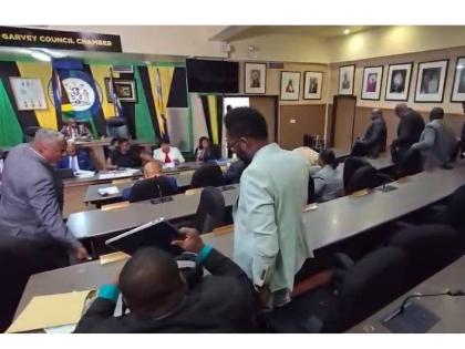Jamaica Labour Party councillors on their feet as they staged a walkout at the monthly meeting of the Kingston and St Andrew Municipal Corporation on February 10.