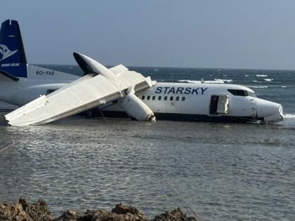 An aircraft carrying up to 50 people on the shoreline after veering off the runway during an emergency crash-landing at Somalia’s main airport in Mogadishu, Somalia, Tuesday, February, 2026.  