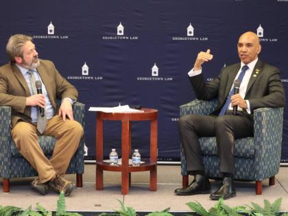 Jamaica’s Ambassador to the United States (US) Major General (Ret’d) Antony Anderson (right), discusses Jamaica’s role in regional security and US-Jamaica co-operation during a public forum organised by the George Town University Law faculty with mod